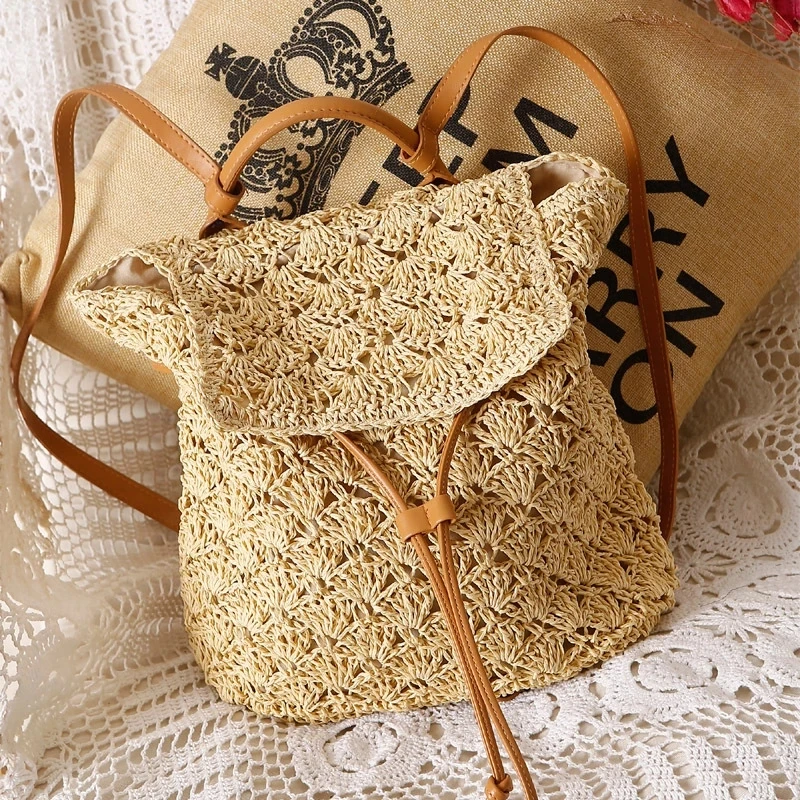 

Hollow Rattan Women Backpacks Designer Straw for Girls School Bags Summer Beach Women Bags Knitted Handmade Crocheted Woven Bag