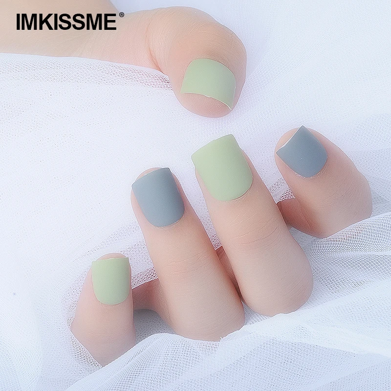 

IMKISSME Blue Green Fake Nails Art Tip Press on Nails with Glue Designs Full Artificial Cover IK55