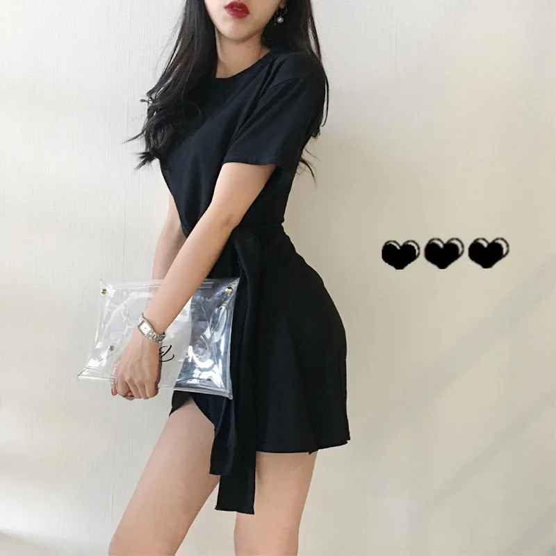 

New style fashion tie waist A-line dress women's outer wear mid-length solid color cotton round neck short-sleeved t-shirt women