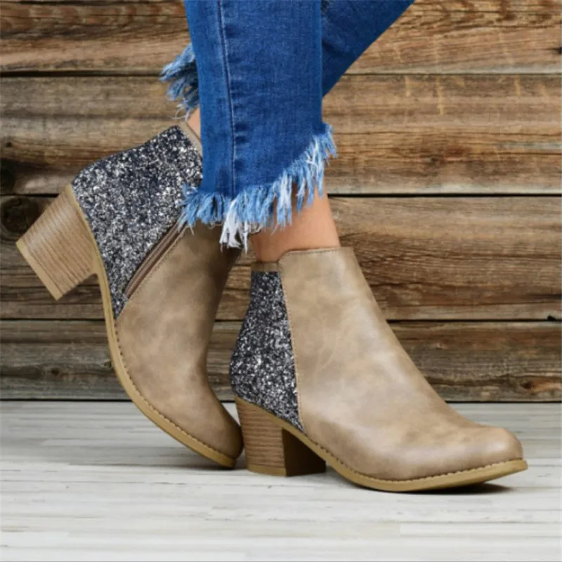 

2020 Hot New Women Boots Bling Sequins Square Heels Soft Leather Zipper Booties Women Round Toe Ankle Boots Botas Zapatos Mujer