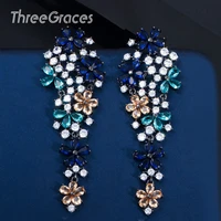 threegraces classic cluster flower multicolor cz crystal long dangling earrings for women wedding pendientes mujer moda er382