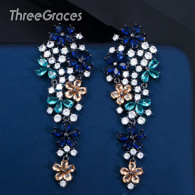 Женские длинные висячие серьги ThreeGraces классические многоцветные с цветком и
