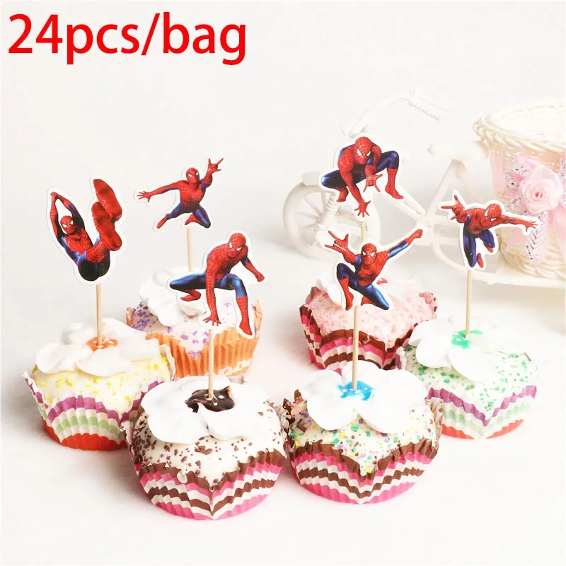 24 шт./лот Детские Вечерние Декорации с изображением Человека паука и кекса для