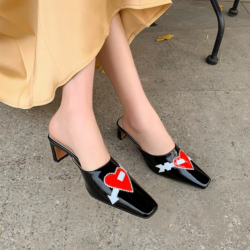 

Love pattern printed leather sandals ladies slingbacks sexy high heel shoes pointed toe women party dress shoes summer footwear