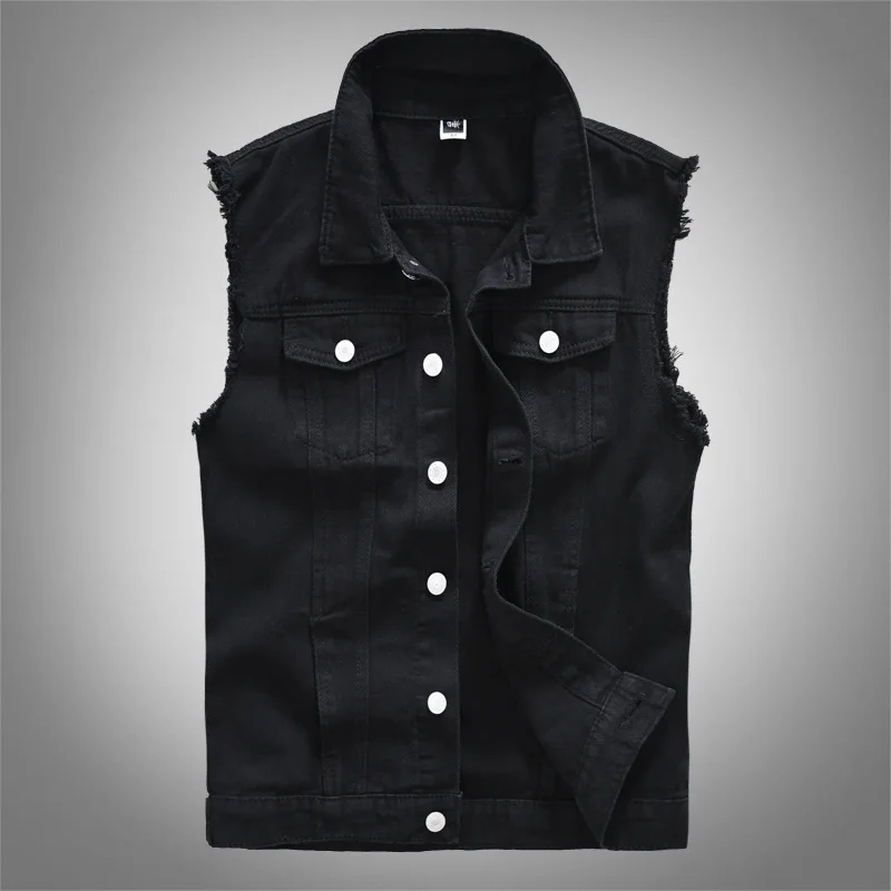 

Men's Jacket Cotton Ripped Jeans Sleeveless Jackets Black Denim Vest Single-breasted Male Hip Hop Washed Cowboy Waistcoat