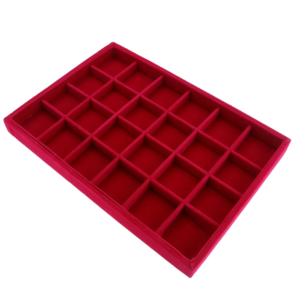 Rosy red Бархатная Штабелируемая 24 Сетка шкатулка для украшений выставочная витрина Органайзер кольцо держатель - Цвет: Rosy red