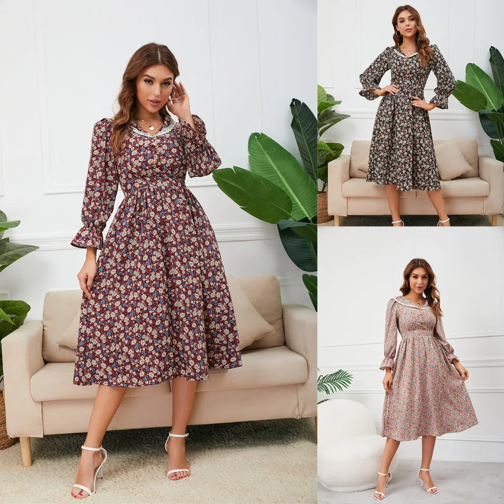 

Dresses for Women Autumn and Winter Vintage Floral Turndown Collar Polyester Long-sleeved Dress