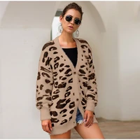 2020 new leopard knit cardigan womens cardigan autumn bat sleeve long plush sweater casual single breasted cardigan jacket