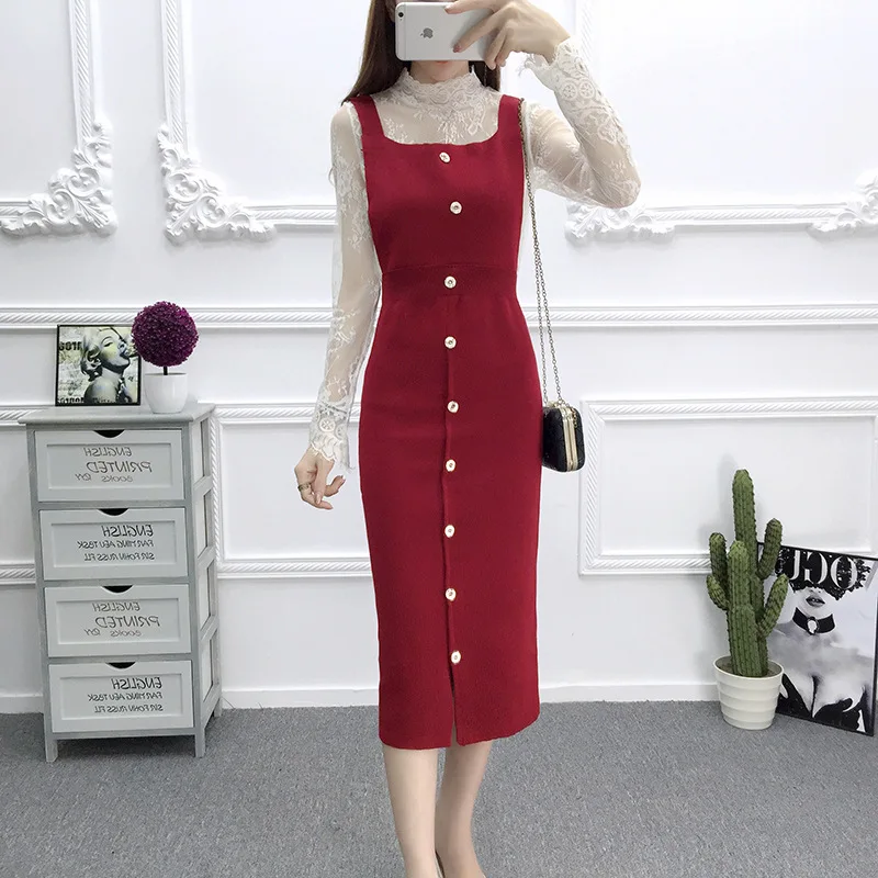 Vest skirt Wine Red Новинка, красное вино, Свободный жилет, вязаное платье, женский осенне-зимний жилет-подкладка, платье с u-образным вырезом, без рукавов, длинный свитер, женские платья - Цвет: Vest skirt Wine Red