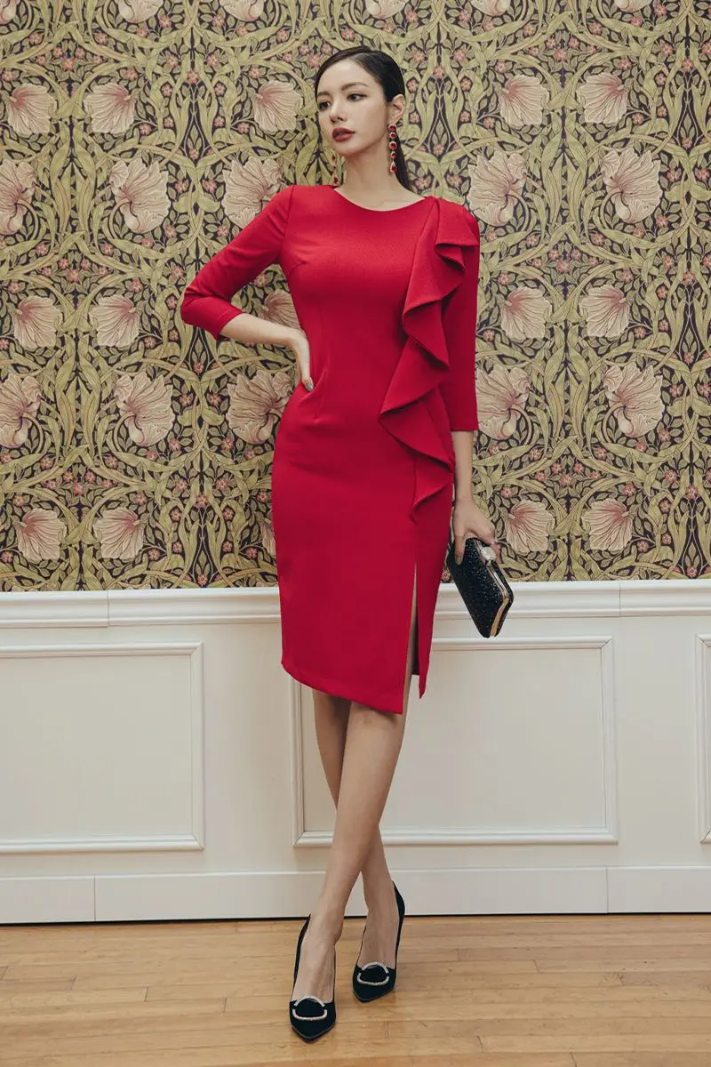 

COIGARSAM Casual Ruffles Women dress Spring O-Neck Dresses Red 5502