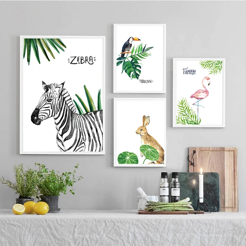 Кролик Зебра Фламинго Toucan холст художественный постер лес детские животные
