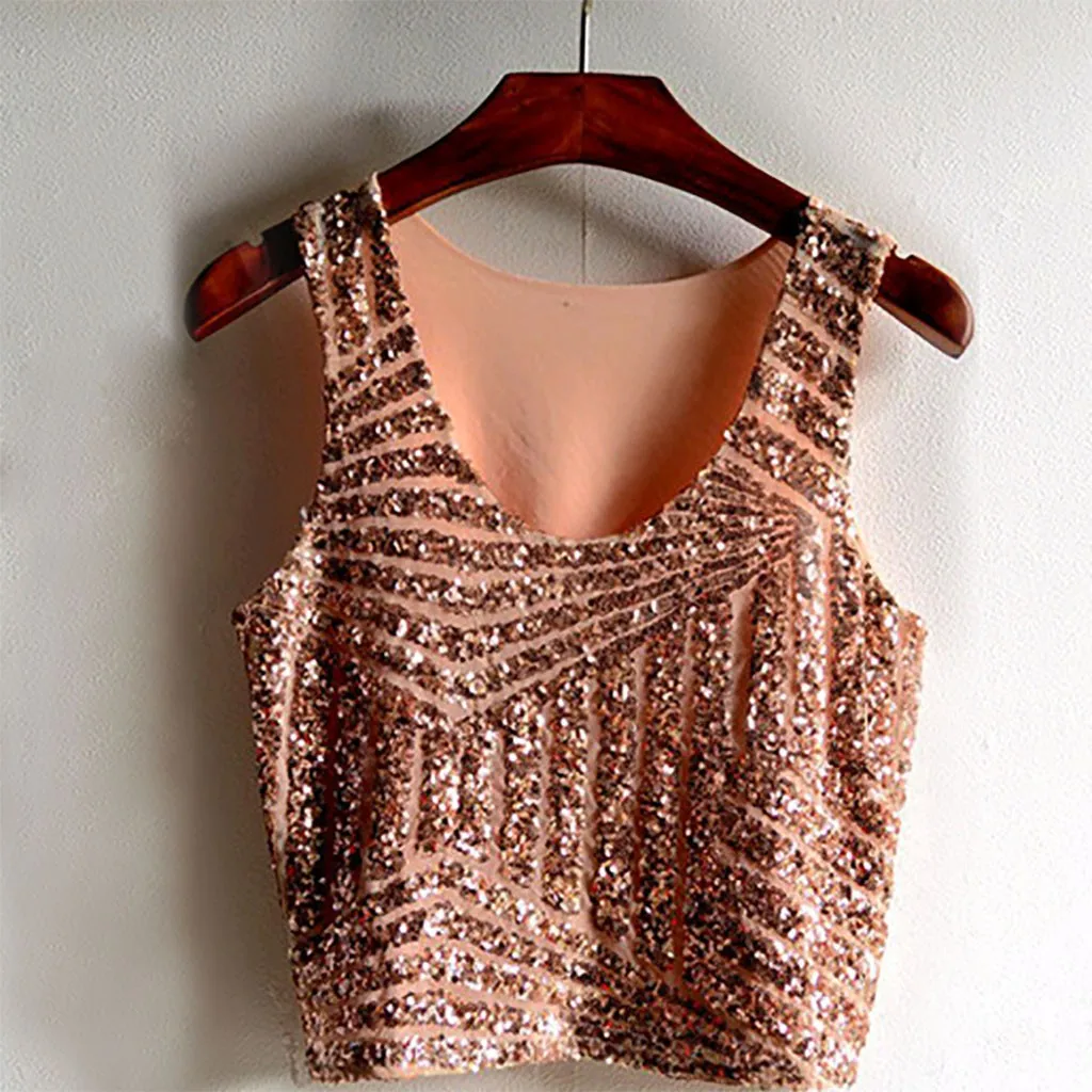Модные блестящие топы без рукавов с блестками повседневные летние женские