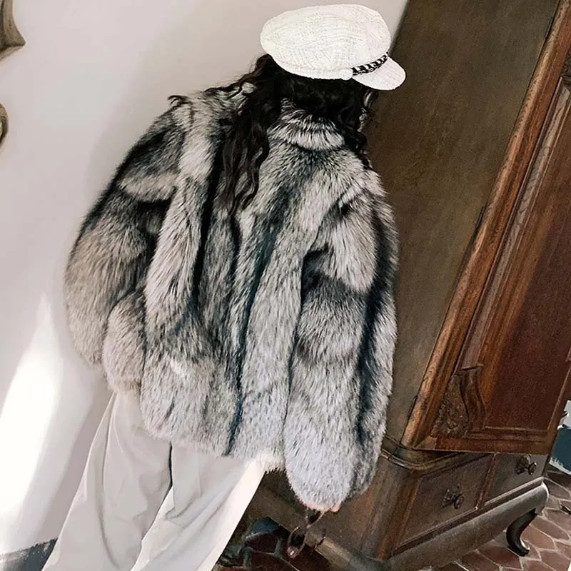 BFFUR 2022 New Winter Real Fur Coat Women Fashion Natural color Silver Fox Fur Short Stand-Up collar Overcoat Female Luxury