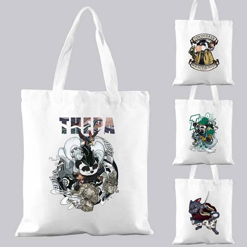 

Harajuku Style Basic Canvas Bag Handbag Shopping Bag Commuter Casual Shoulder Bag White Cartoon Samurai Print Student Tote Bag