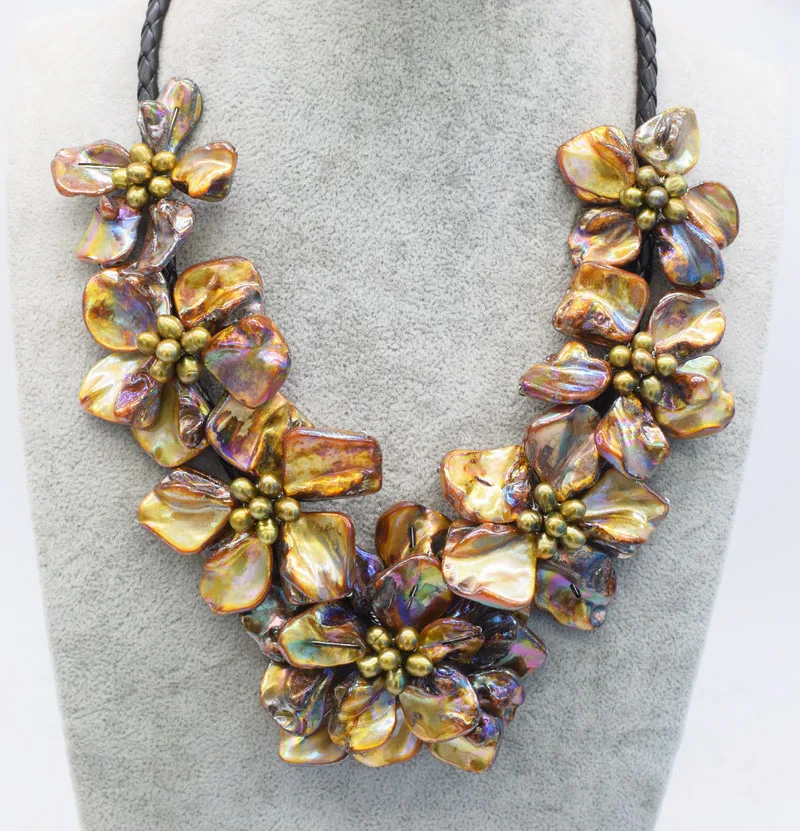 

WOW! freshwater pearl necklace nature brown rice and shell flower 18inch nature hand make wholesale FPPJ
