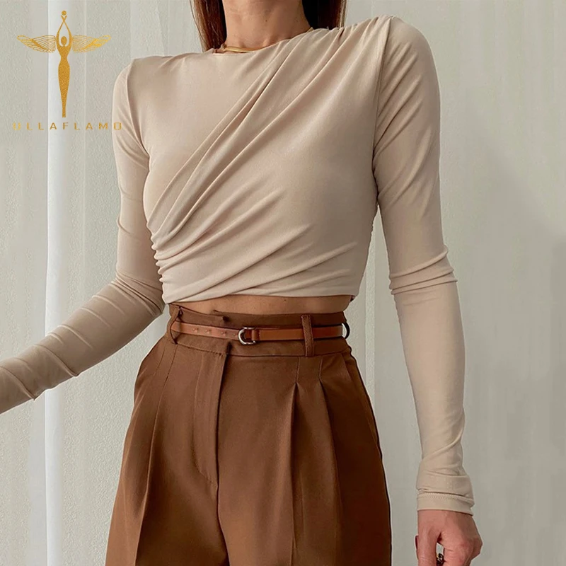 

Футболка женская приталенная с драпировкой, пикантный шикарный топ с длинным рукавом, короткая Базовая уличная одежда, универсальный топ, н...