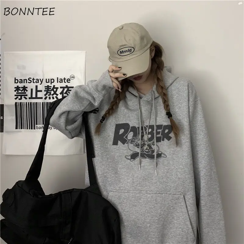 

Hoodies Women Hooded Aesthetic Baggy College Ins Thick Spring Casual Chic Simple Print Popular Pullovers All-match Gray Harajuku