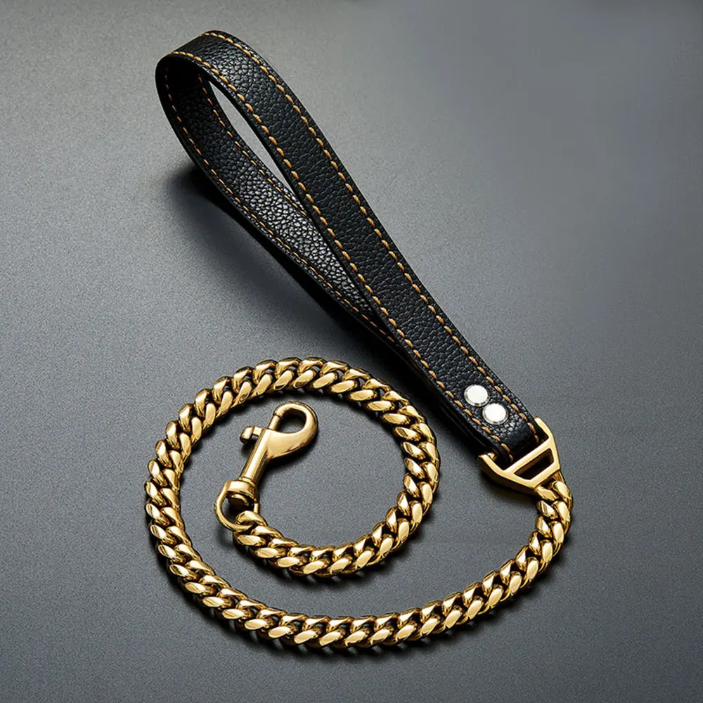 

14MM High Quality Stainless Steel Leather Handle Dog Chain 18K Gold Plated Cuban Heavy Chain Lash 3Ft for Large And Medium Dogs