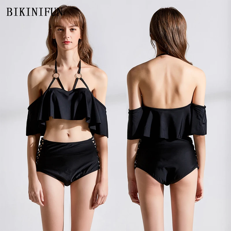 Новый сексуальный бикини с открытыми плечами Женский однотонный черный