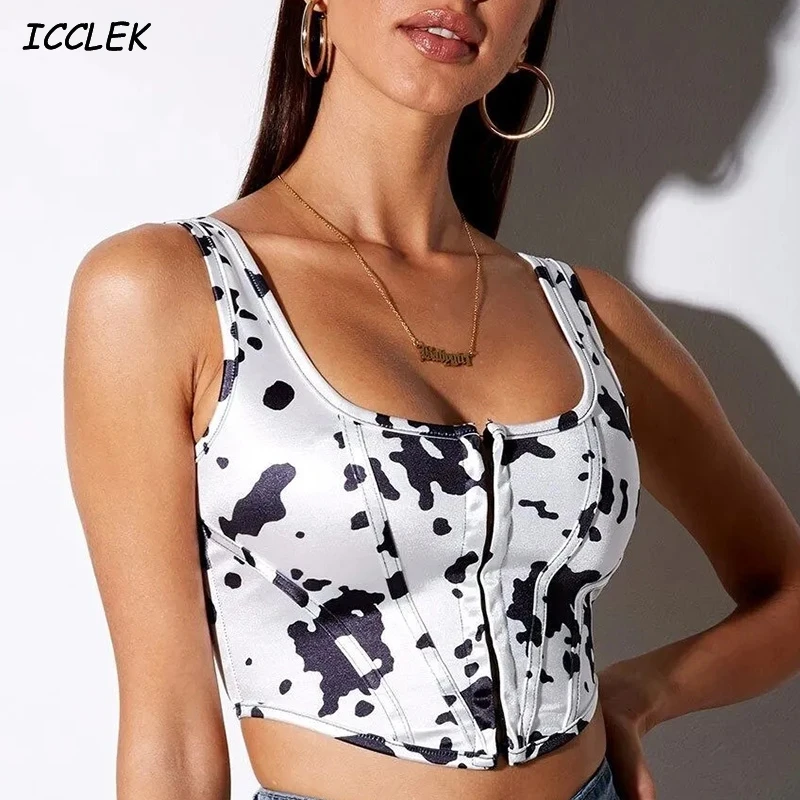 

Womens Tank Crop Top Sexy Animal Print Camis Female Vest Zipper Skinny Sleeveless Vintage Camisole Square Neck Streetwear Summer