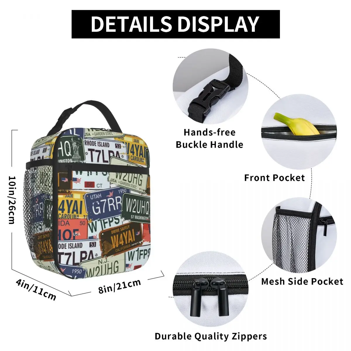 

Vintage License Plates Lunch Bag for Women Men Large Insulated Lunch Box with Water Bottle Holder and Pockets