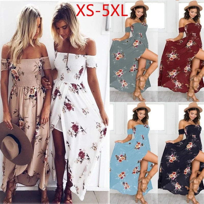 XS-5XL женские летние платья с коротким рукавом с открытыми плечами женский жилет с цветочным узором праздничное пляжное длинное платье