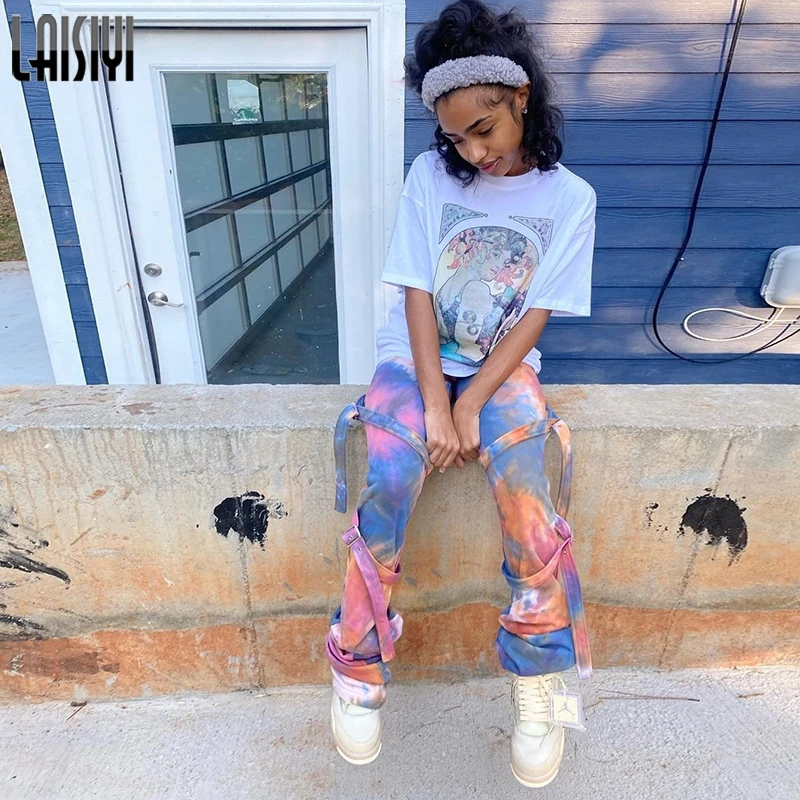 

LAISIYI Stylish Tie Dye Print Stacked Sweatpants Women Colorful Casual Straight Pants Female Street Cool Elastic Slacks Trousers
