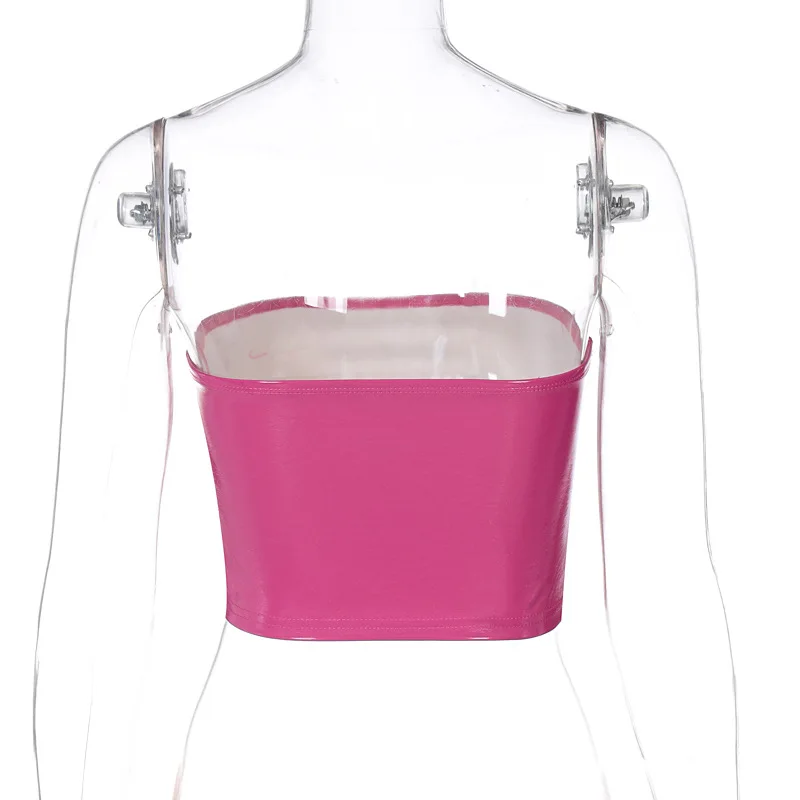 

ALLNeon Y2K Streetwear Strapless PU Leather Pink Tank Tops 2000s Fashion Letter Print Backless Sexy Crop Tops Club Outfits Women