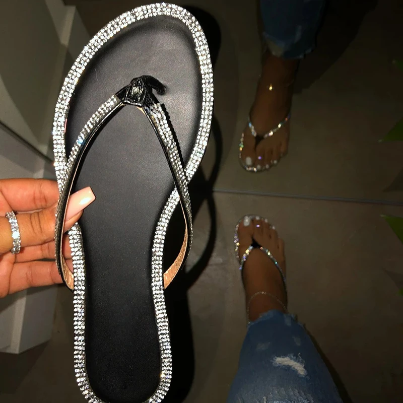 

2020 Fashion Sexy Roman Rhinestone Summer Women Slippers PVC flat bottom outdoor women's beach slippers Female flip flops