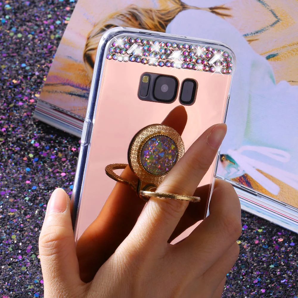 LAPOPNUT Rhinestones Metal Ring Mirror Back Case for Samsung Galaxy S20 Ultra S10 S10e Note10 8 9 S9 Plus S8 S7 S6 Edge Cover |