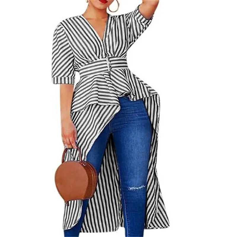 Женская офисная блузка с V образным вырезом длинным рукавом и полосками|Блузки| |