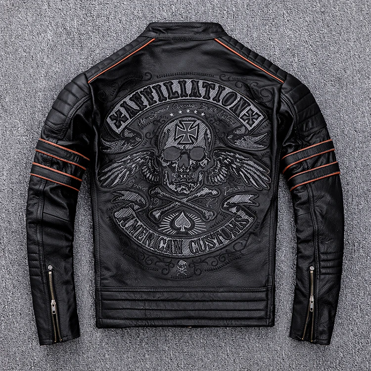 Black Men Skulls Embroidery Motorcycle Leather Jacket Plus Size XXXXL Genuine Cowhide Spring Slim Fit Biker's Leatther Coat