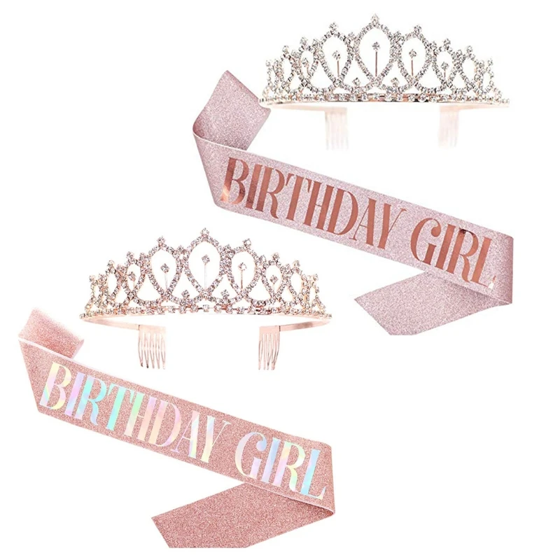 

Creative Princess Rhinestone Birthday Crown Tiara Set Non-slip Flexible Women Girls Birthday Party Decoration Supplies