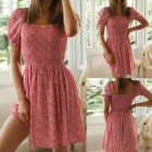 Женское мини-платье с квадратным вырезом, коротким рукавом и принтом