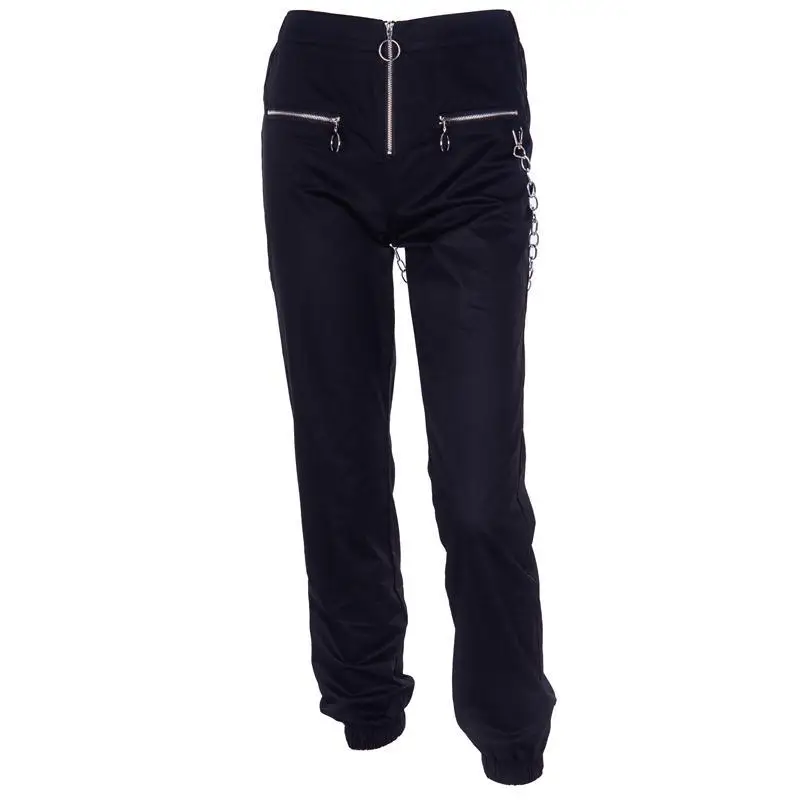 

High Street Black Jogger Pants Women High Waist Cargo Pants Half Hoof Zipper Female Joggers Loose with Chain Casual Trousers