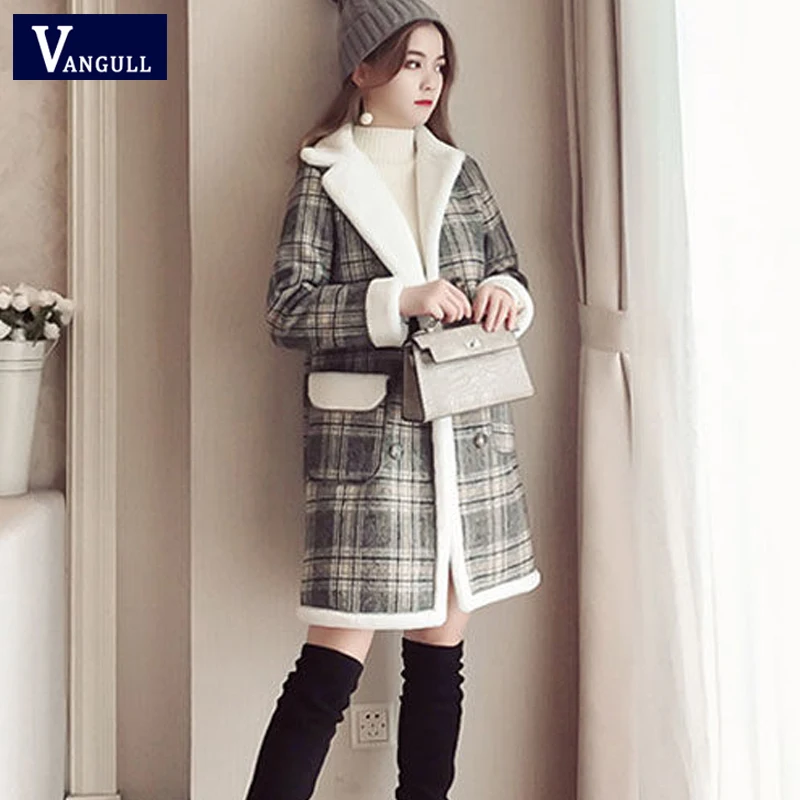 Vangull/женские бархатные куртки, пальто, зимняя двубортная верхняя одежда в клетку, новинка года, повседневные теплые толстые шерстяные длинные пальто с длинным рукавом