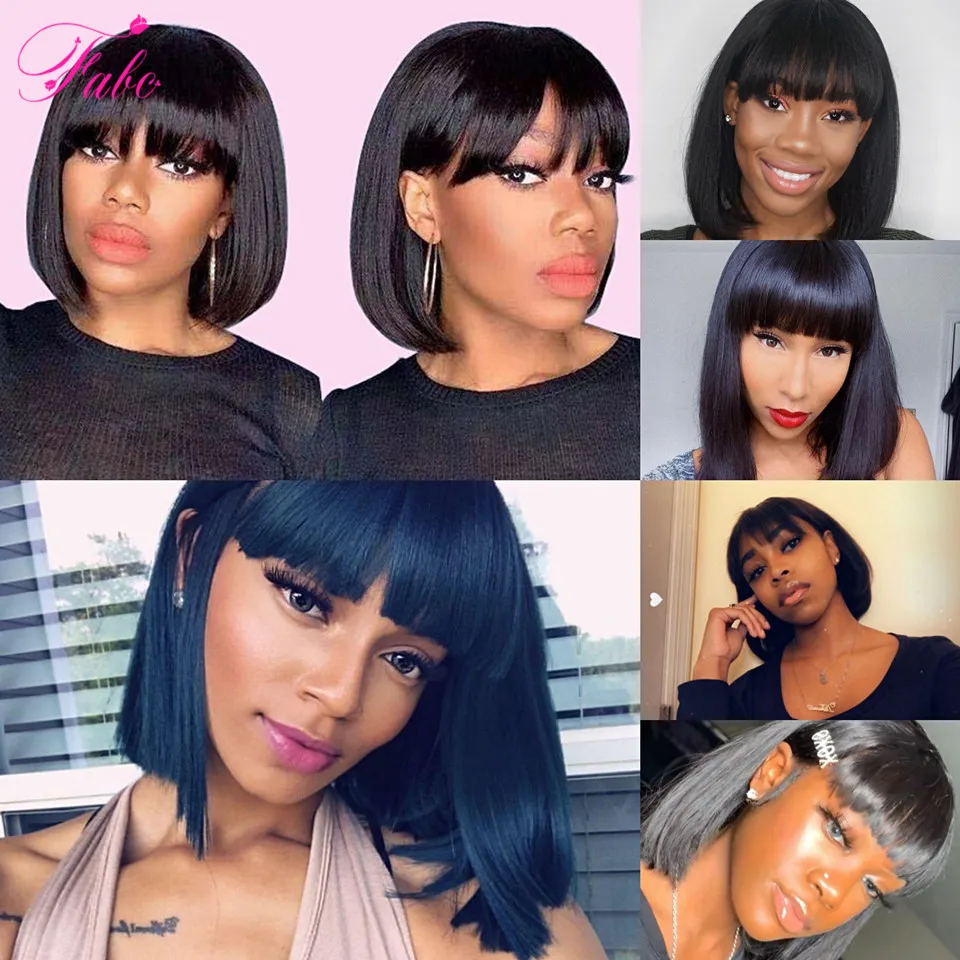 

FABC Hair Human Hair Wigs With Bangs For Women Brazilian Straight Short Bob Wig Natural Black 150% Density Machine Made