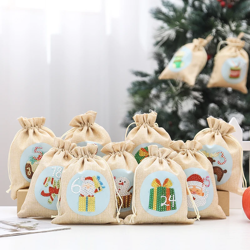 

DIY Diamond Painting 24 Days Advent Calendar Candy Gift Bags Cover Merry Christmas Xmas Drawstring Bag New Year Table Decoration