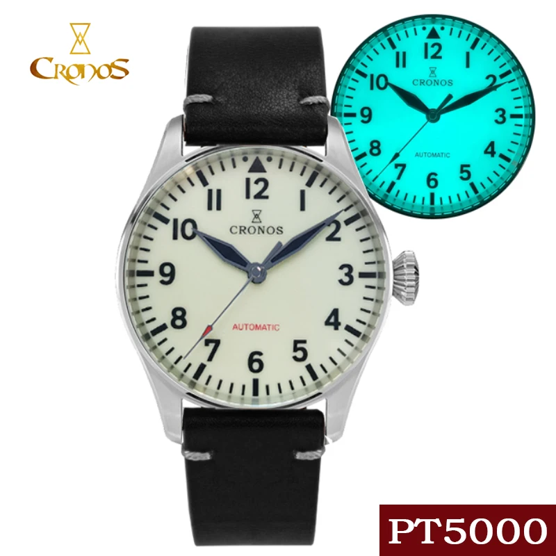 

Cronos Pilot Flieger Mechanical Mens Wrist Watch Blue Full Luminous Sapphire Crystal Skeleton Back Leather Strap Watches