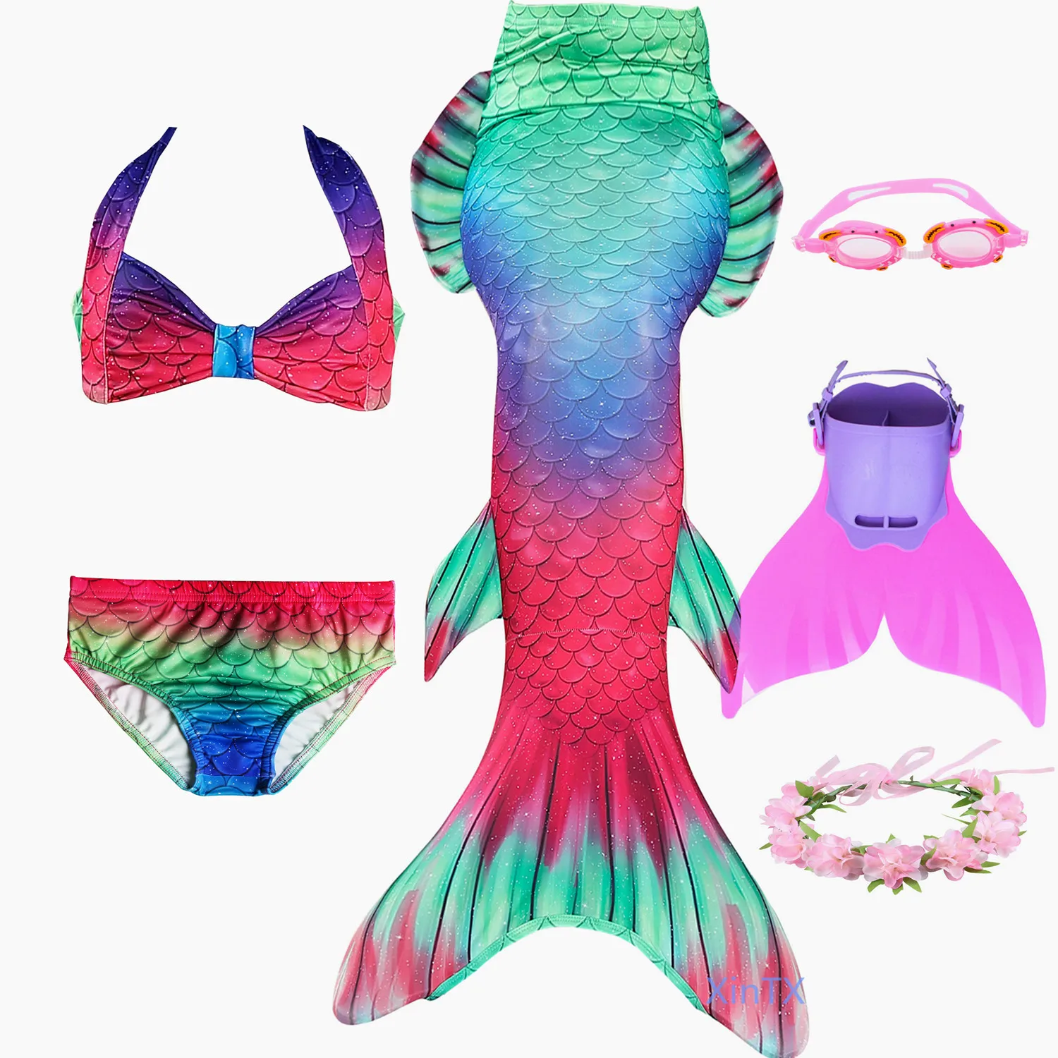 6pcs as picture show 6 шт./компл. новые джинсовые штаны для девочек с хвостом русалки с ребром Плавание костюм комплект бикини, купальный костюм ванный комплект, платье для девочек с рисунком в виде Флиппер Моноласты для Плавание - Цвет: 6pcs as picture show