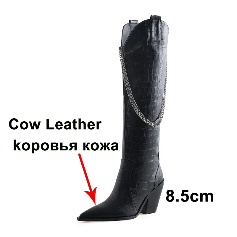 

ANNYMOLI Real Leather Knee High Boots Women Super High Heel Western Boots Chain Pointed Toe Shoes Thick Heel Female Long Boots