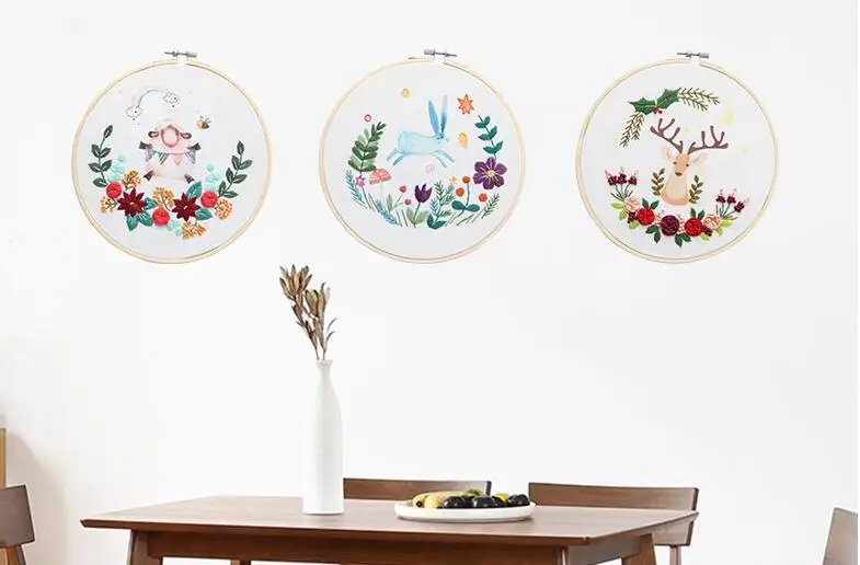С Бамбуковые обручи мультфильм животных Набор для вышивки лентами цветы