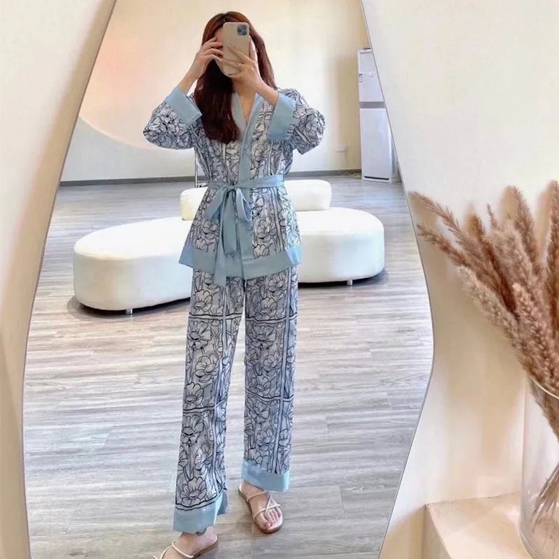 

Summer Women's Pyjamas Set Silk Satin Pajamas Kimono Pijamas Comfort Sleepwear Printed Sexy Nightwear Female Home Clothes Nighty