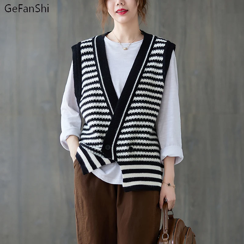 

Autumn Winter Sweater Cardigan Vintage Solid V-neck Female Women Knitting Sweaters Casual Knitted Tops Fashion Sleeveless Vest