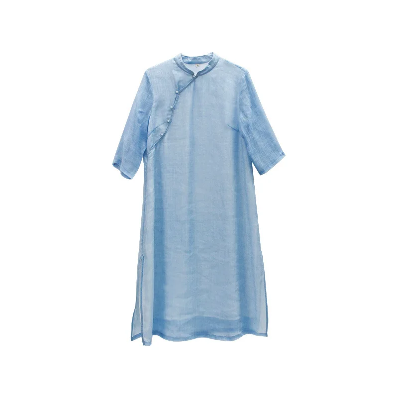 

Chinese style improved medium length ramie tea dress with literature and art standing collar and plain Zen dress for women