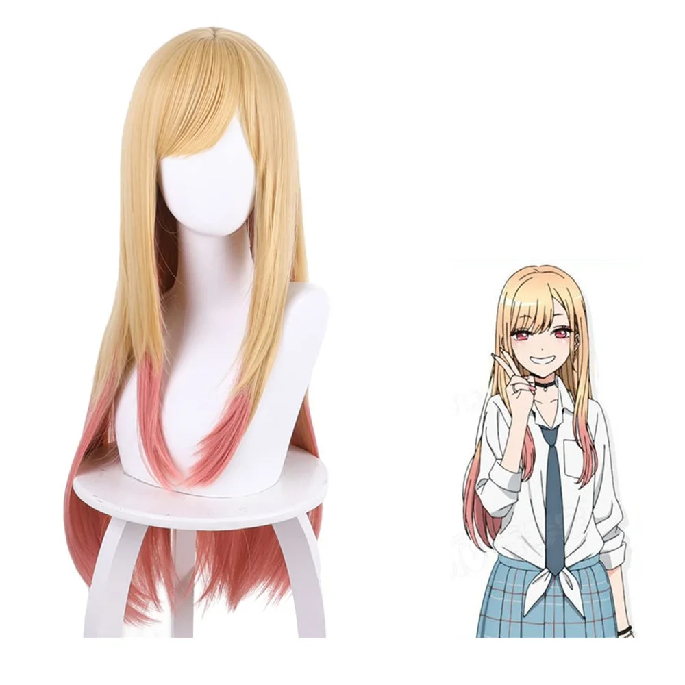 

Sono Bisque Doll Kitagawa Marin Cosplay Wig with Yellow Pink Girl Hairpiece 85 cm Pigtail Women Curly Bangs Hair Periwig + Cap
