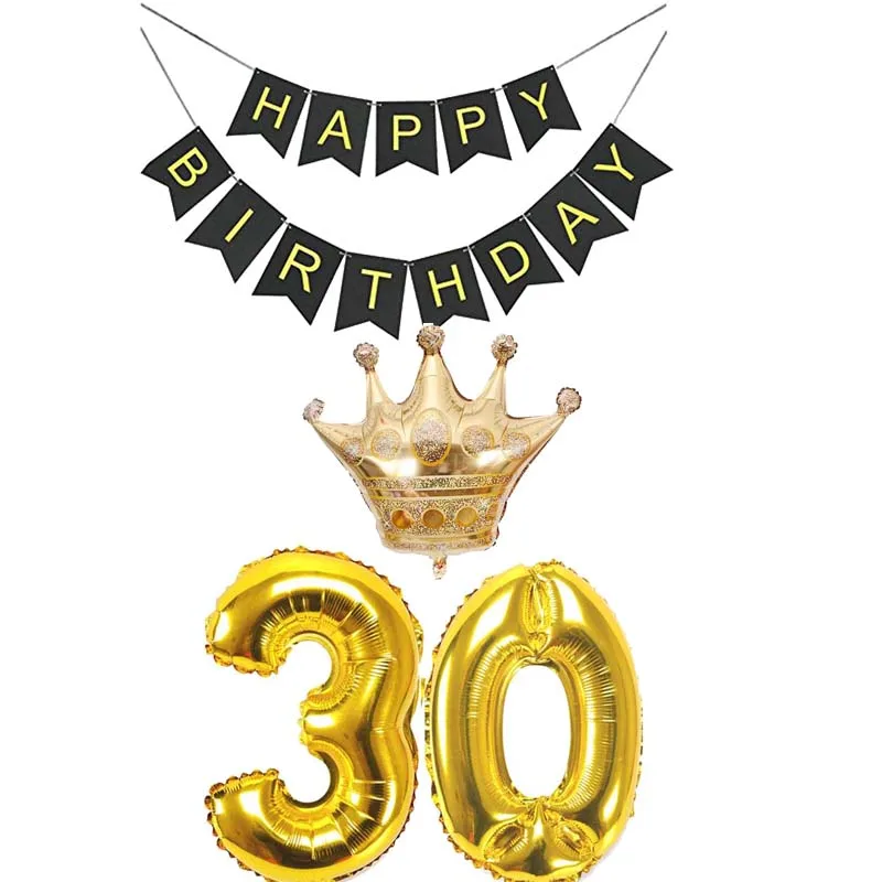 Золотые шарики короны Черный счастливый баннер для детей 10 16 18 20 21 30 40 50 60 70 80 лет