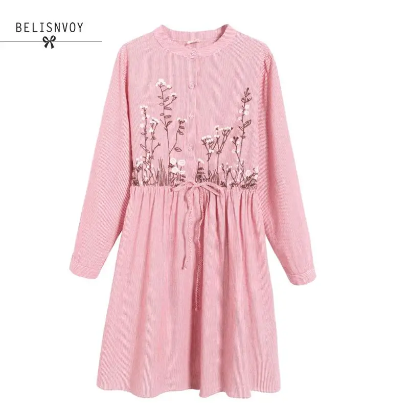 

Japanese Women Striped Dress Stand Collar Long Sleeve Floral Embroidery Drawstring Waist Mori Girl Autumn Shirt Elegant Dress