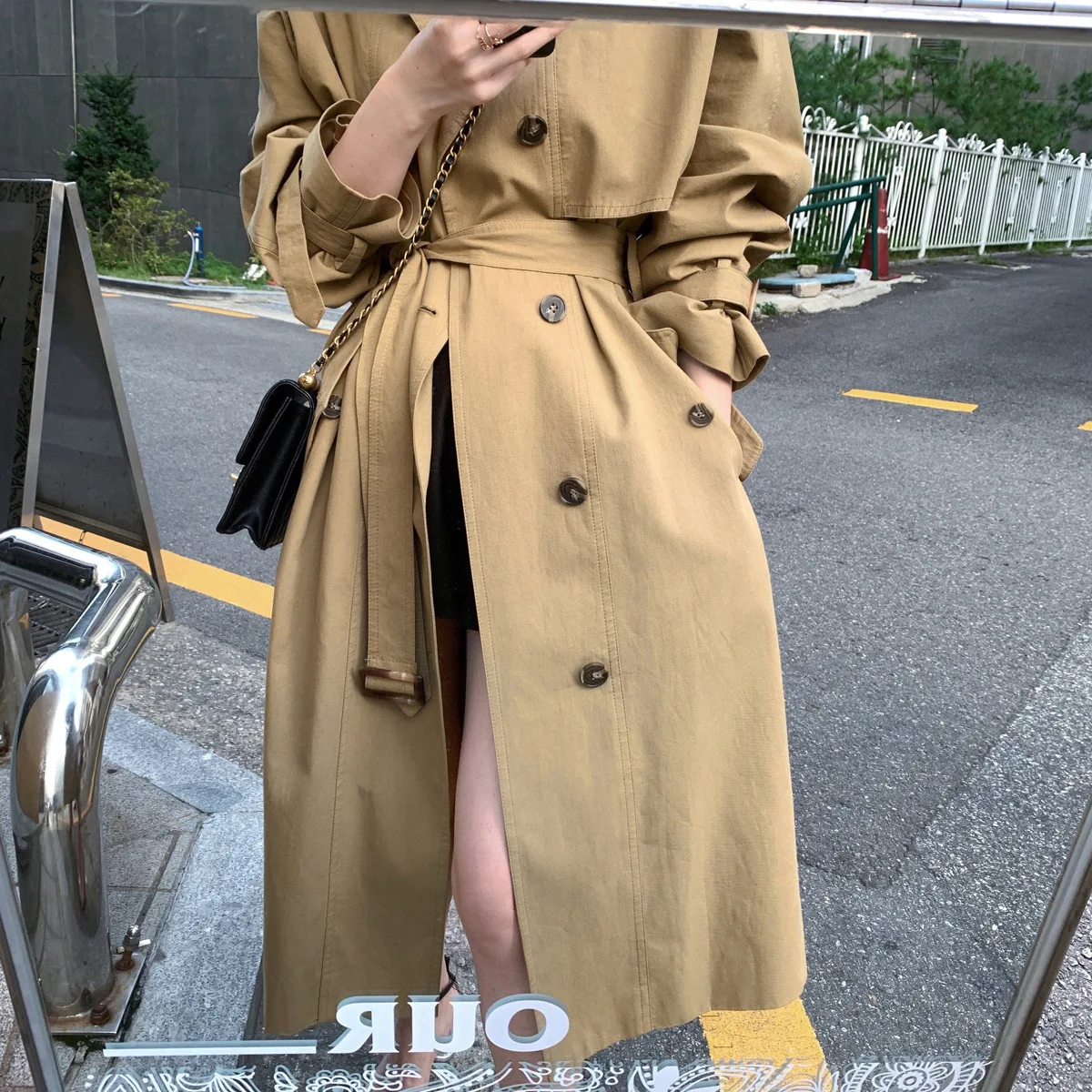 

2021 New Fashion Double Breasted Mid-long Trench Coat Women Khaki Slim Belt Cloak Mujer Windbreaker Female Abrigos
