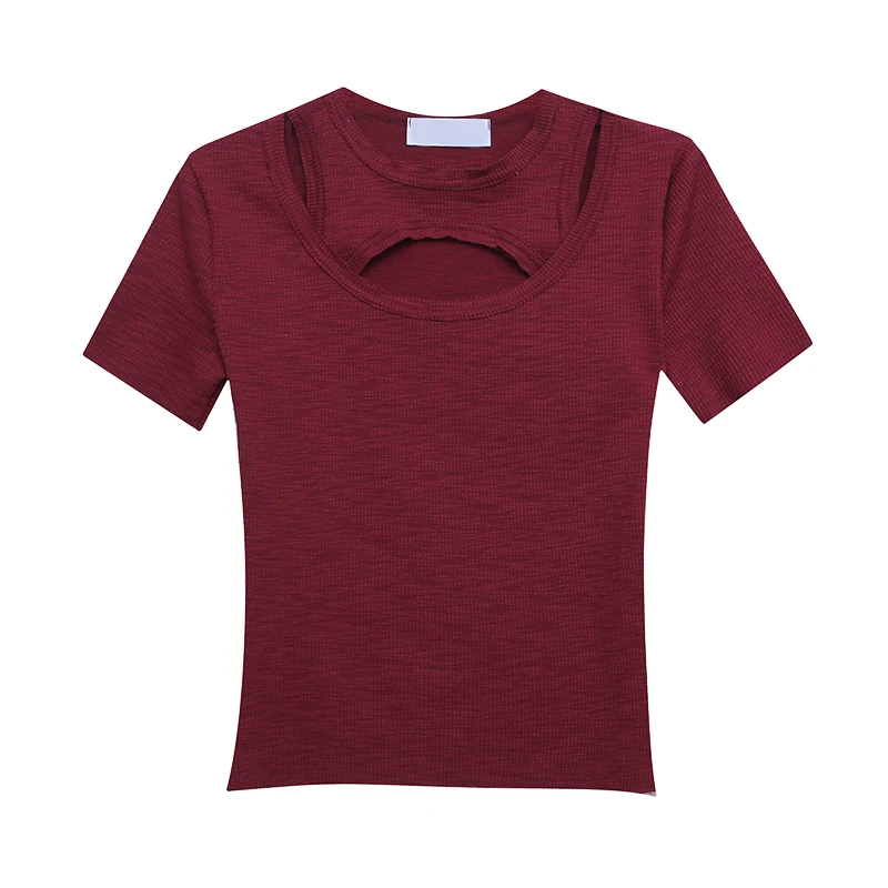 

Сексуальная Открытая облегающая Однотонная футболка для женщин с коротким рукавом и круглым вырезом, модная уличная Женская Клубная одежд...